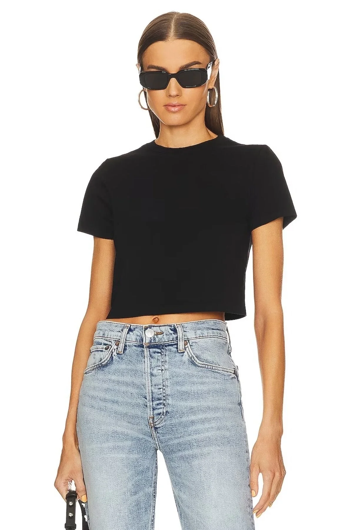 Kadın Siyah Bisiklet Yaka Kısa Kollu Çift Katlı Sandy Kumaş Crop Bluz