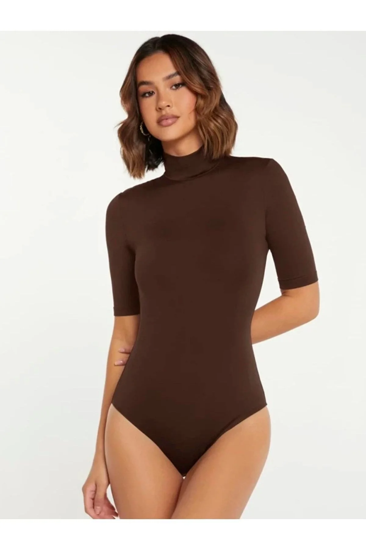 Kadın Kahverengi Balıkçı Yaka Kısa Kollu Jarse Kumaş Vücudu Saran Bodysuit Zıbın