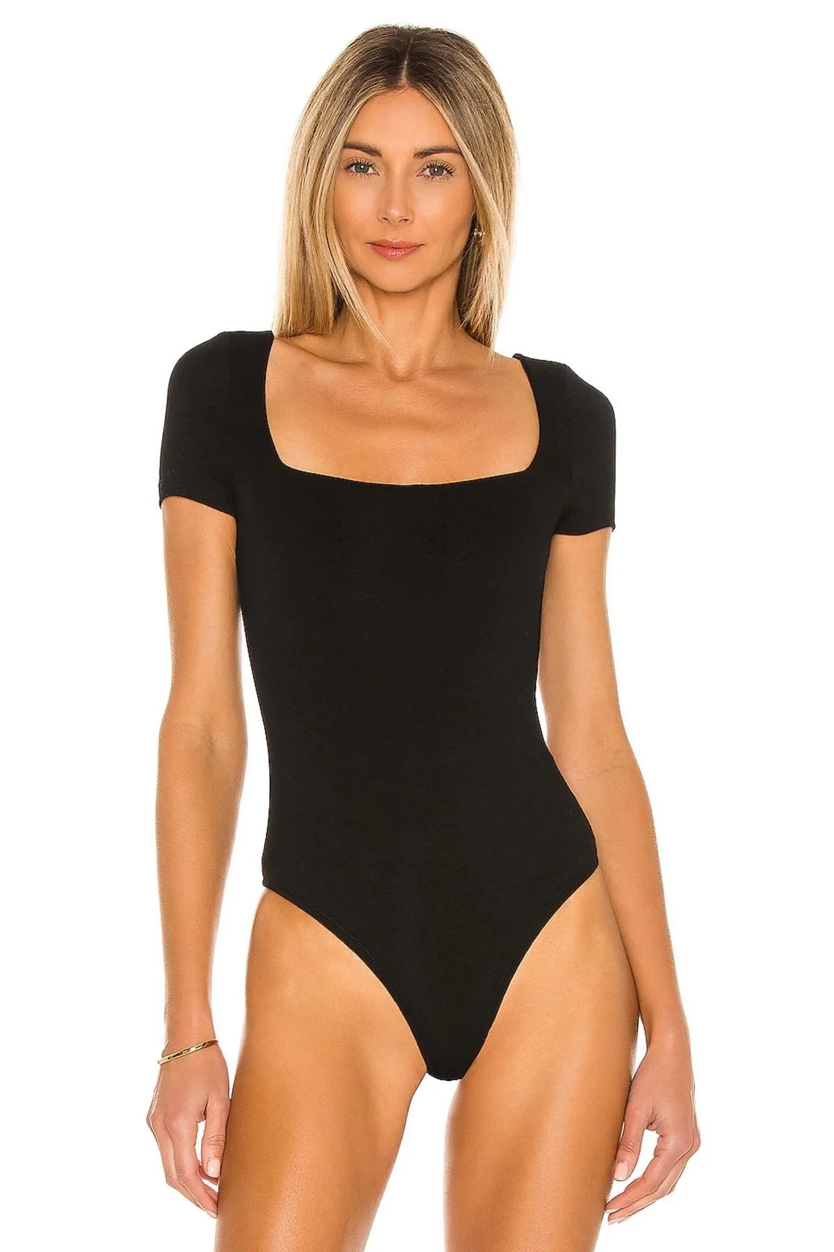 Kadın Siyah Kare Yaka Kısa Kollu Jarse Kumaş Vücudu Saran Tanga Kesim Bodysuit Zıbın