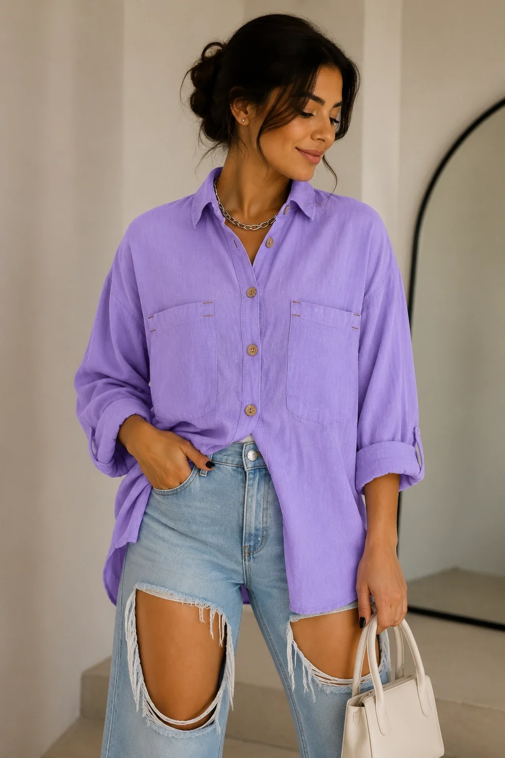 Kadın Lila Pamuklu Keten Çift Cepli Ahşap Düğme Pinterest Oversize Gömlek