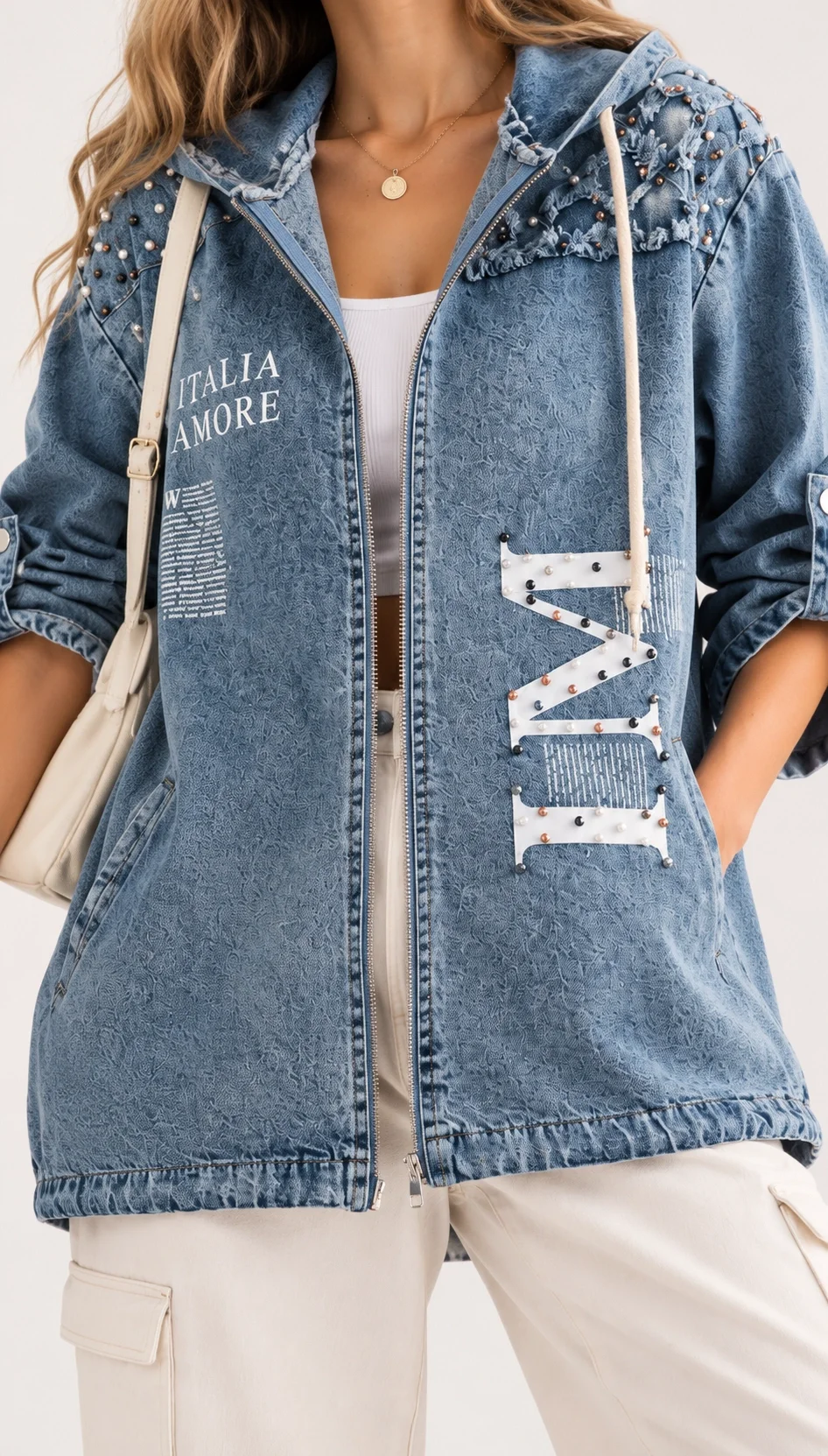 Kadın Mavi Kot Baskılı İnci Detaylı Kapüşonlu Oversize Denim Ceket Kimono