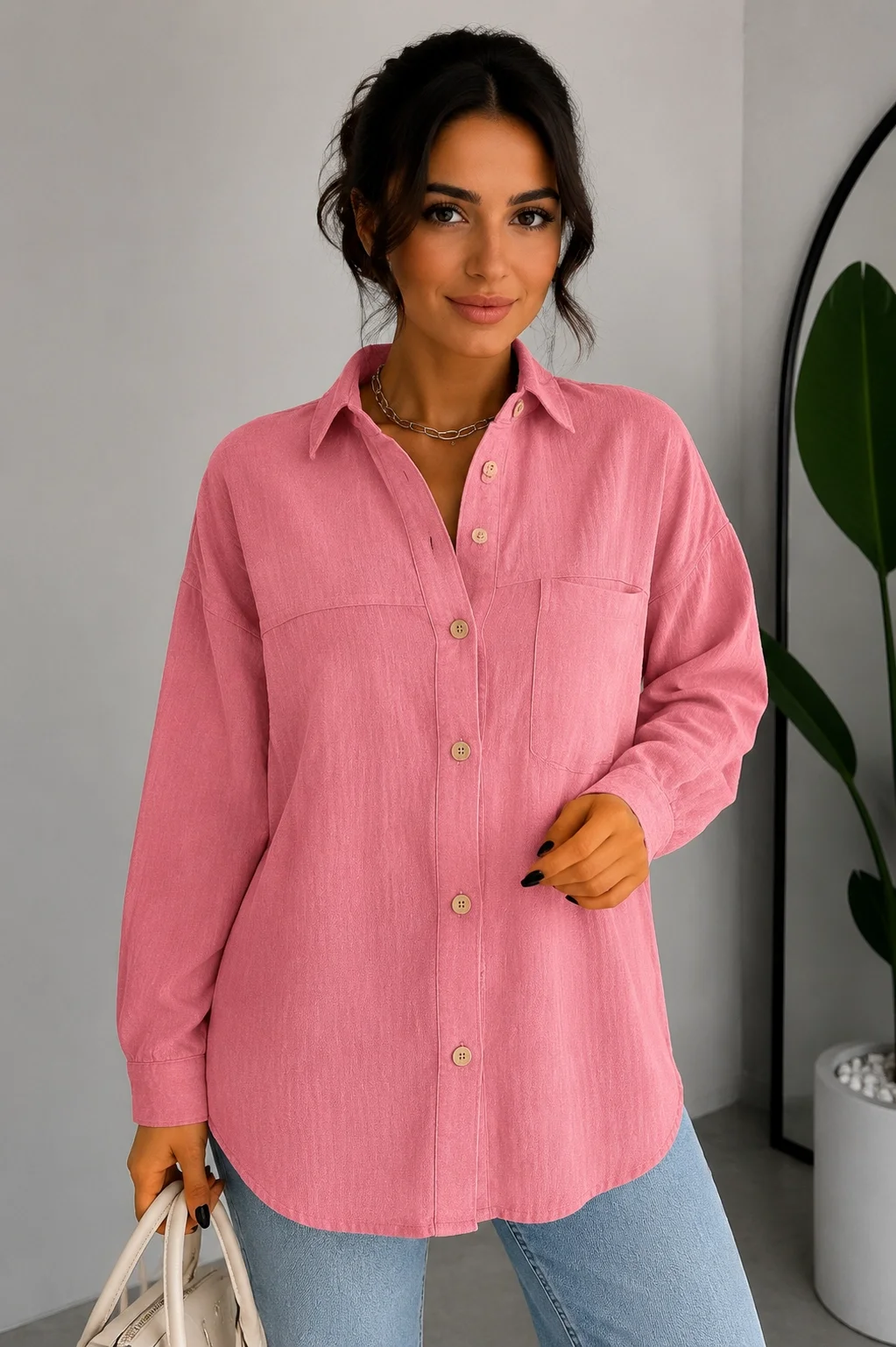 Kadın Pembe Pamuklu Keten Tek Cepli Bohem Pinterest Oversize Gömlek