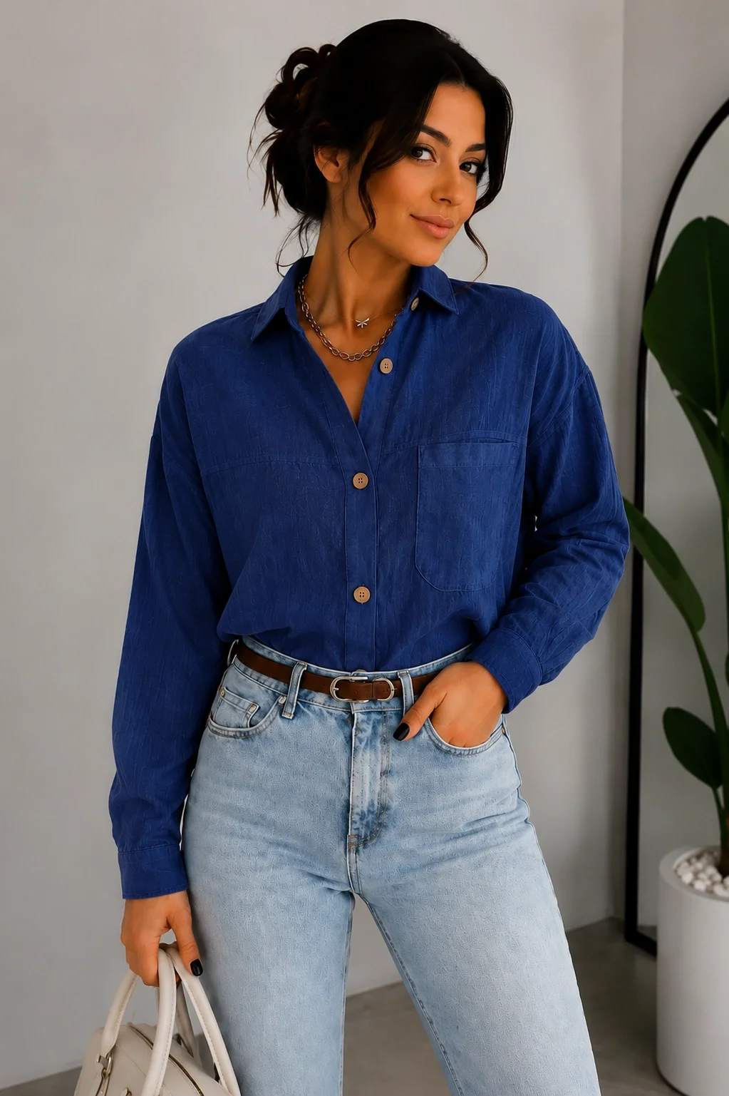 Kadın Lacivert Pamuklu Keten Tek Cepli Bohem Pinterest Oversize Gömlek