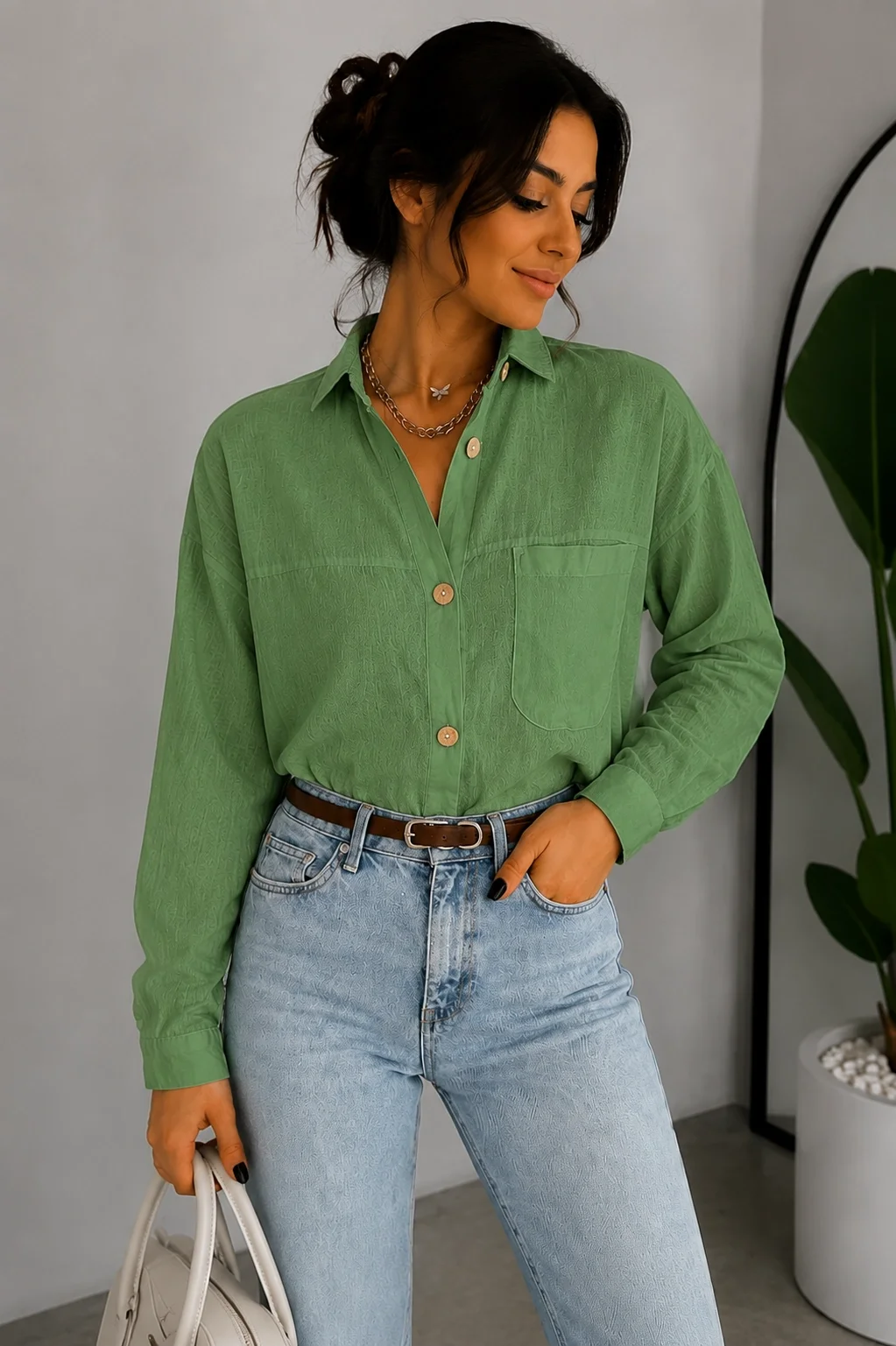 Kadın Yağ Yeşili Pamuklu Keten Tek Cepli Bohem Pinterest Oversize Gömlek