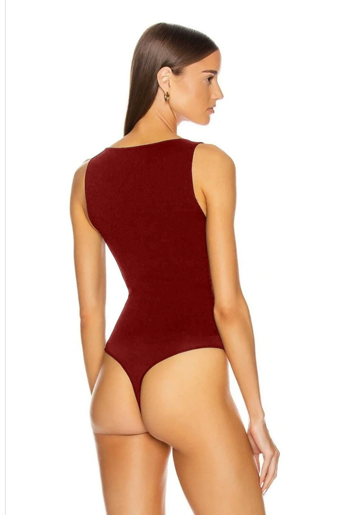 Kadın Bordo V Yaka Kolsuz Çift Katlı Tanga Kesim Sandy Kumaş Bodysuit
