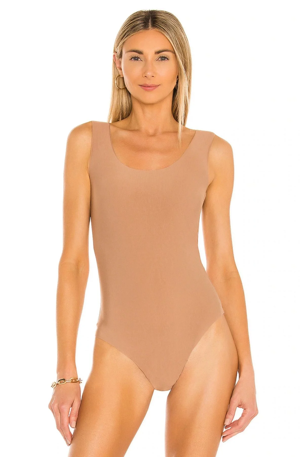 Kadın Bej U Yaka Kalın Askılı Jarse Kumaş Vücudu Saran Tanga Kesim Bodysuit Zıbın