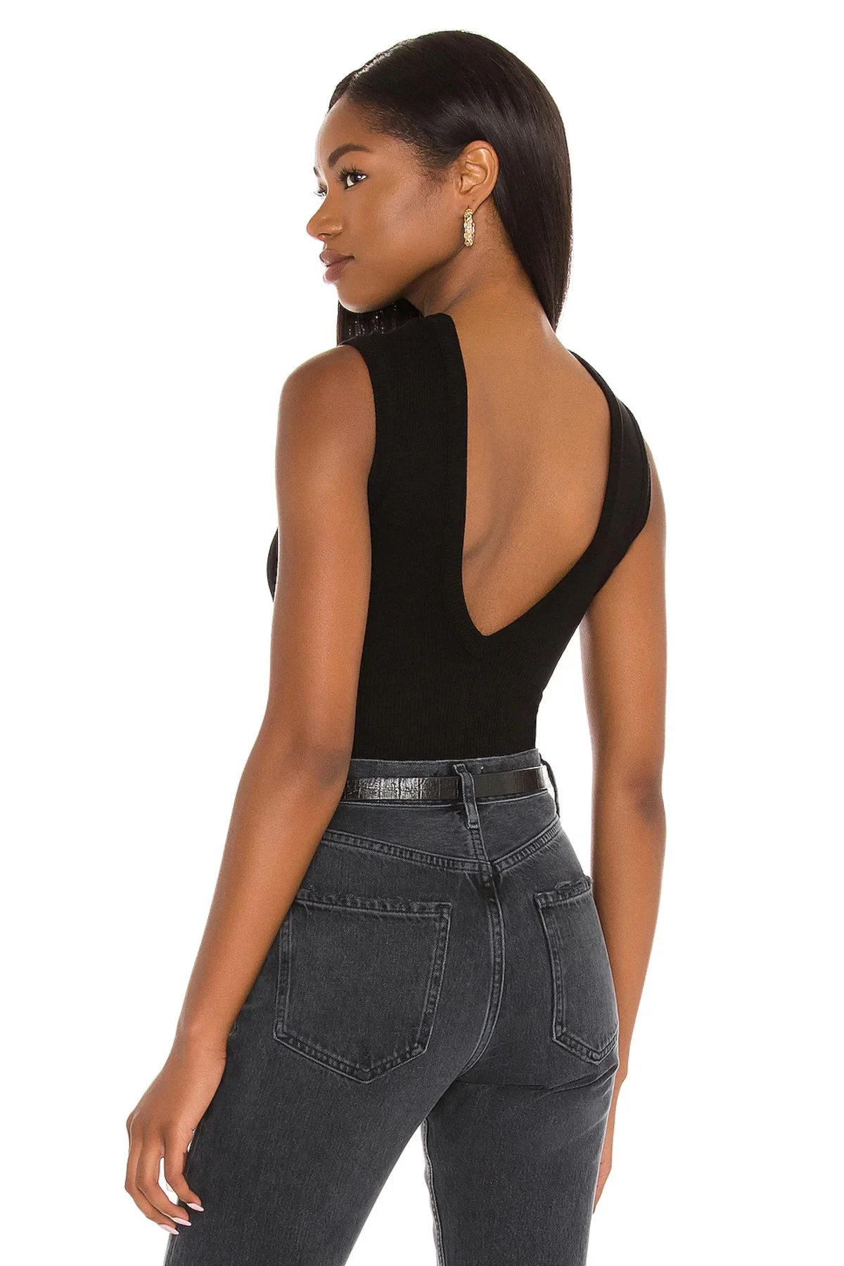 Kadın Siyah Sırtı V Dekolteli Yüksek Yaka Kolsuz Tanga Çıtçıtlı Bodysuit