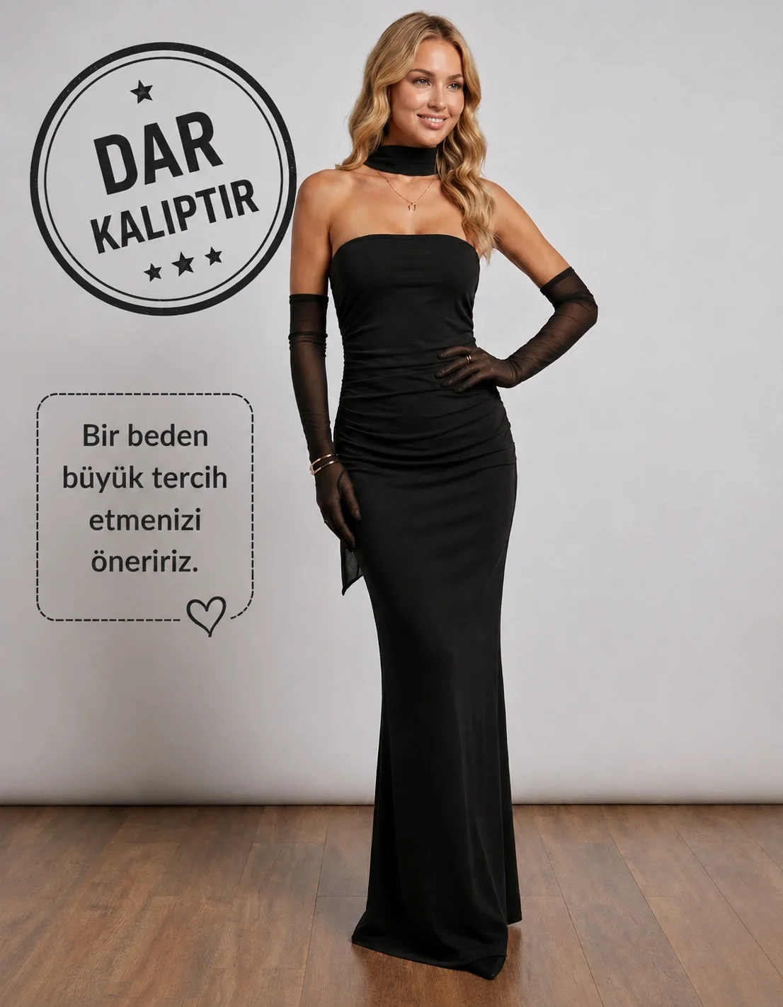 Kadın Siyah Eldivenli ve Fularlı Straplez Abiye Elbise Maxi Boy