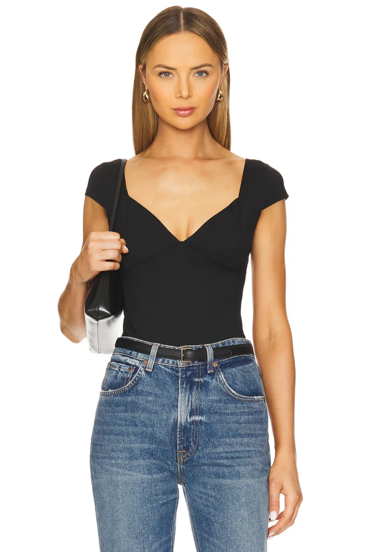 Kadın Siyah Çift Katlı Sandy Kumaş Kalp Yaka Kısa Kol Çıtçıtlı Tanga Bodysuit