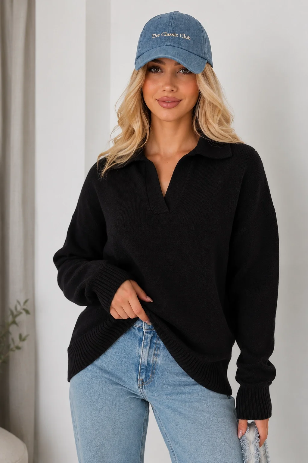 Kadın Siyah Pamuklu Polo Yaka Oversize Triko Kazak