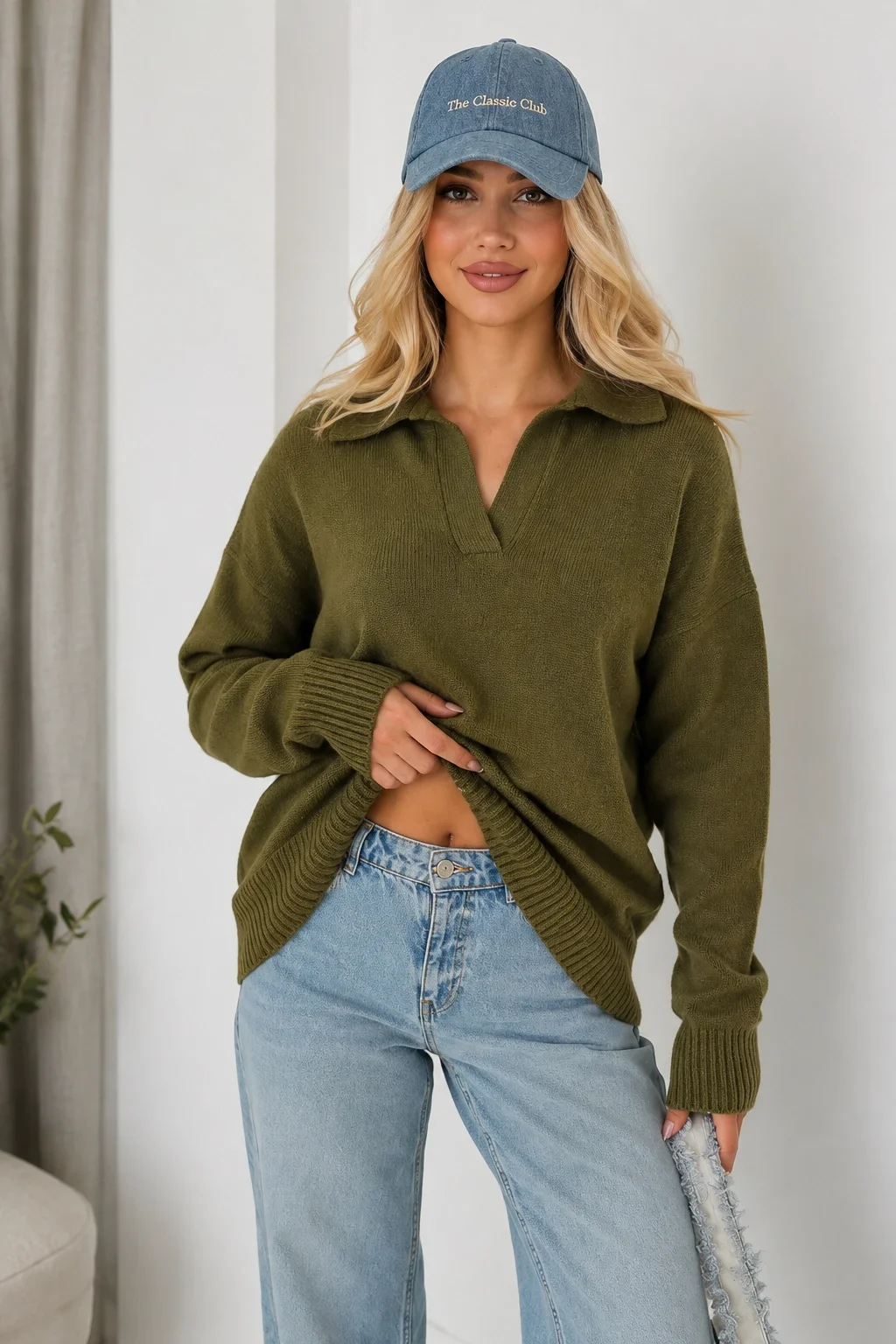 Kadın Yeşil Pamuklu Polo Yaka Oversize Triko Kazak