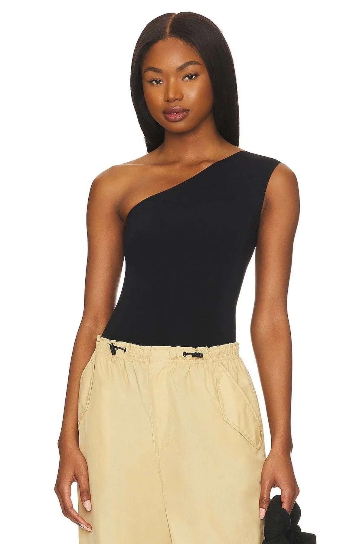 Kadın Siyah Sıfır Kol Asimetrik Kesim Tek Omuz Çift Kat Ipek Jarse Bodysuit