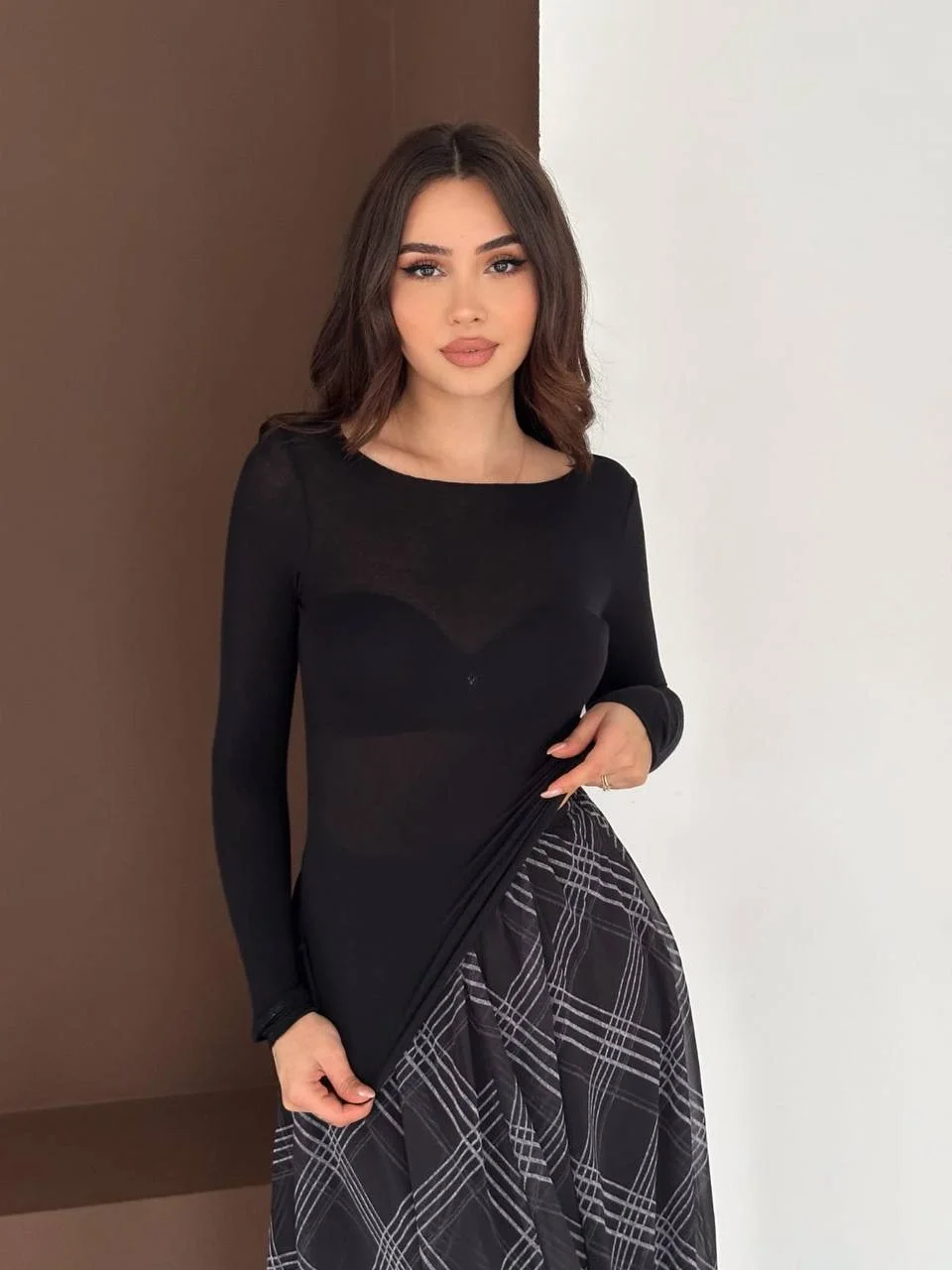 Kadın Siyah Transparan Kayık Yaka Kaşmir Hafif Bluz