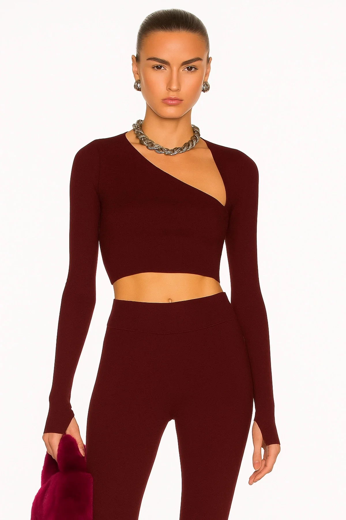 Kadın Bordo Asimetrik Yaka Uzun Kollu Parmak Geçmeli Sandy Kumaş Crop Bluz