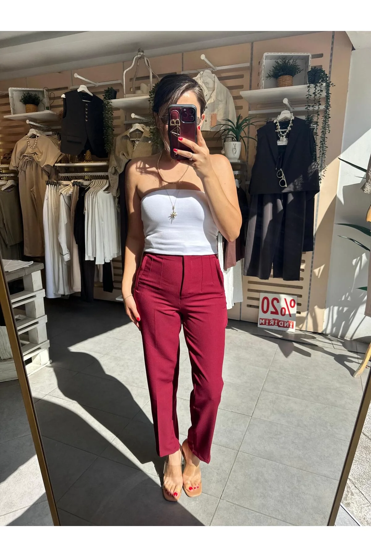 Kadın Bordo Yüksek Bel Pens Detaylı Bilek Boy Havuç Kesim Tok Kumaş Pantolon Slim Fit ( Esnek Değildir )