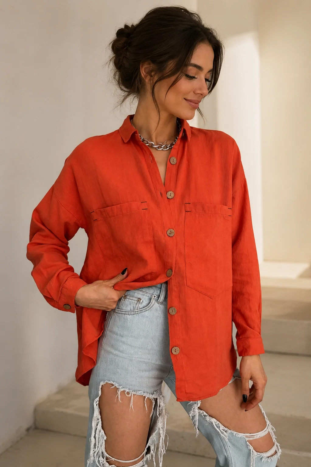 Kadın Turuncu Pamuklu Keten Çift Cepli Ahşap Düğme Pinterest Oversize Gömlek