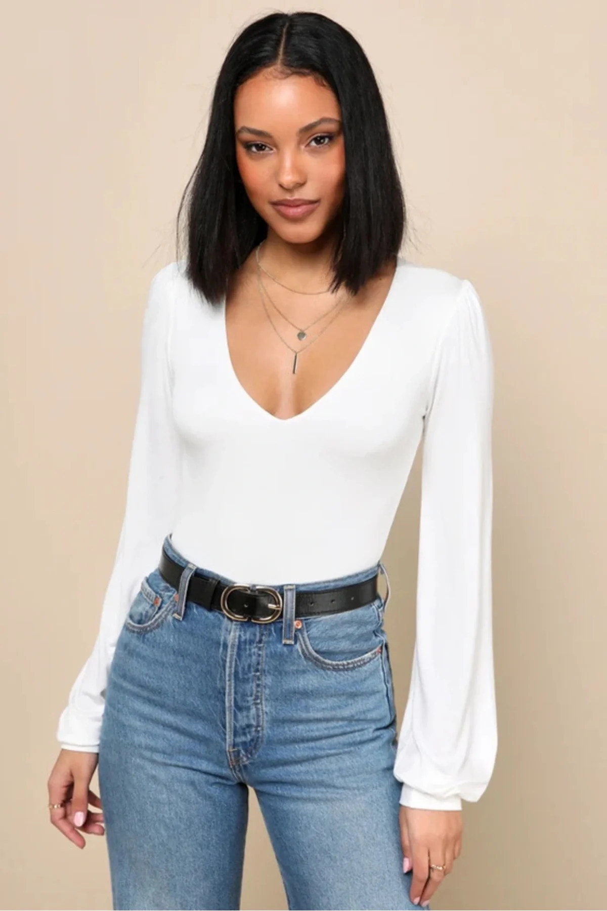 Kadın Beyaz V Yaka Balon Kol Çift Katlı Tanga Kesim Sandy Kumaş Bodysuit