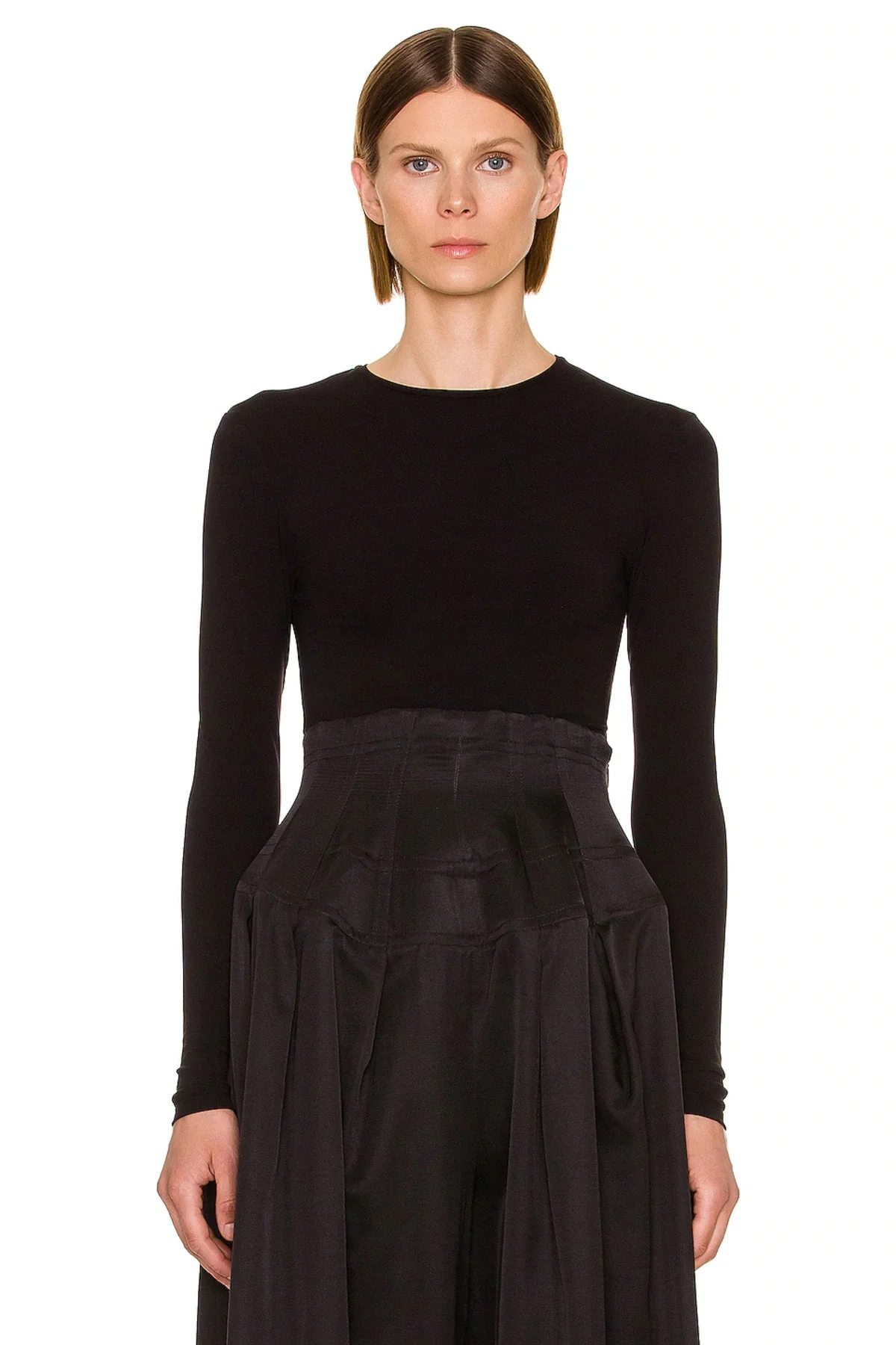 Kadın Siyah Bisiklet Yaka Uzun Kollu Çift Katlı Sandy Kumaş Basic Bluz