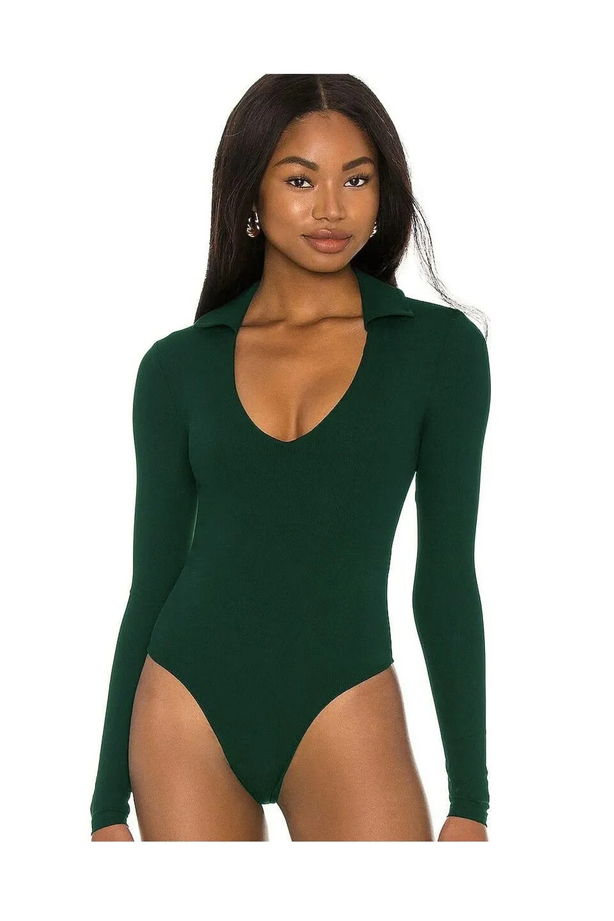 Kadın Yeşil V Yaka Uzun Kollu Çift Katlı Sandy Kumaş Tanga Bodysuit