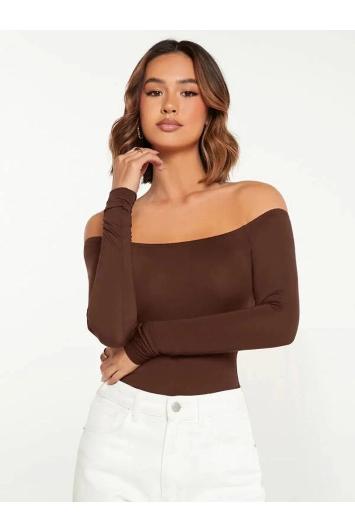 Kadın Kahverengi Madonna Yaka Uzun Kollu Çift Katlı Sandy Kumaş Çıtçıtlı Bodysuit