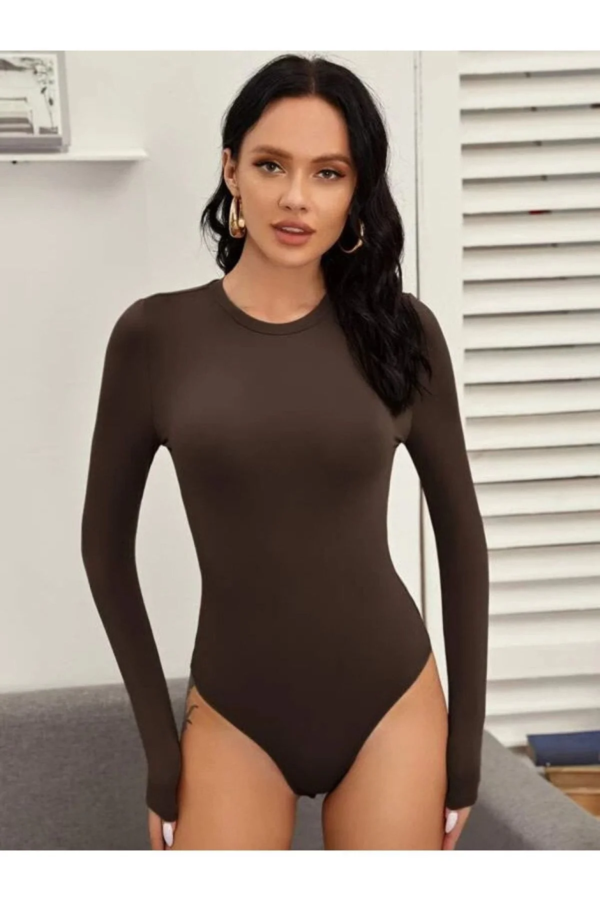 Kadın Kahverengi Bisiklet Yaka Uzun Kollu Çift Katlı Sandy Kumaş Çıtçıtlı Bodysuit