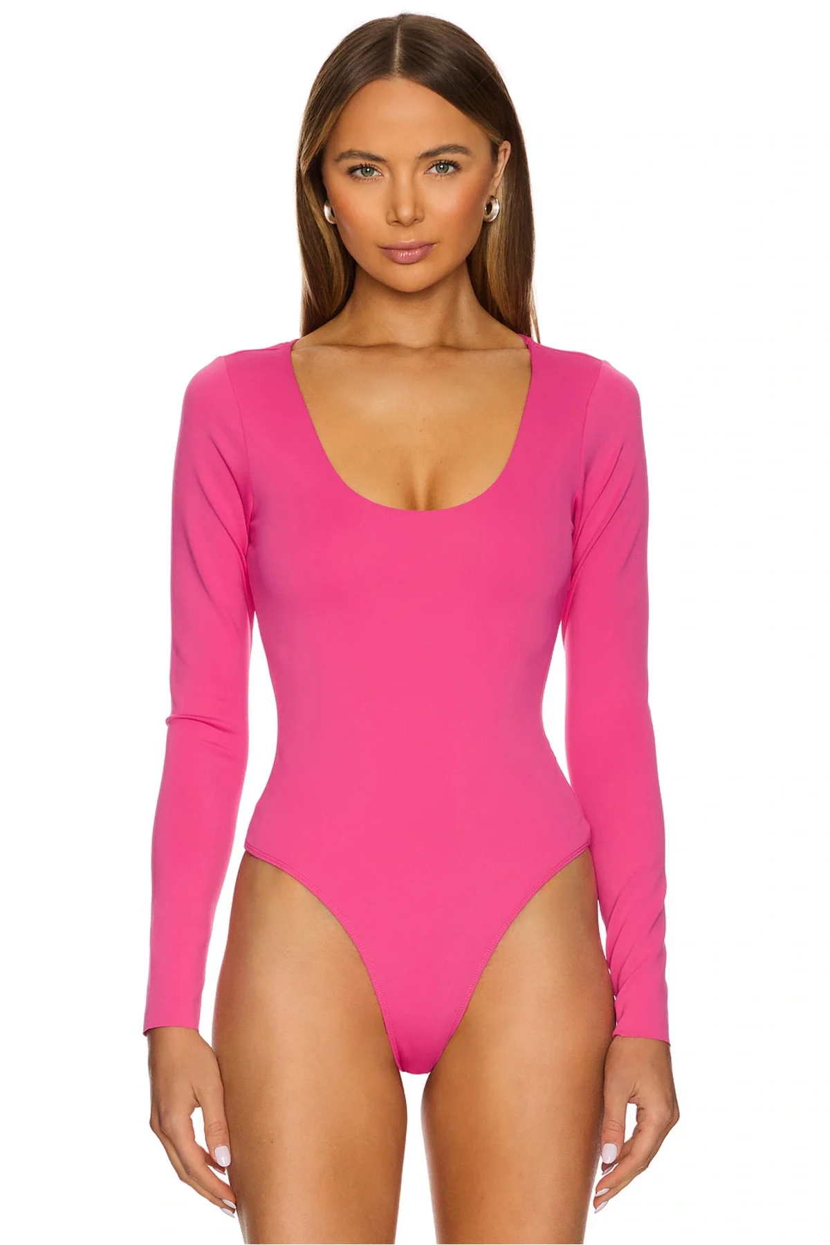 Kadın Pembe Geniş U Yaka Uzun Kollu Sandy Kumaş Tanga Kesim Bodysuit Zıbın