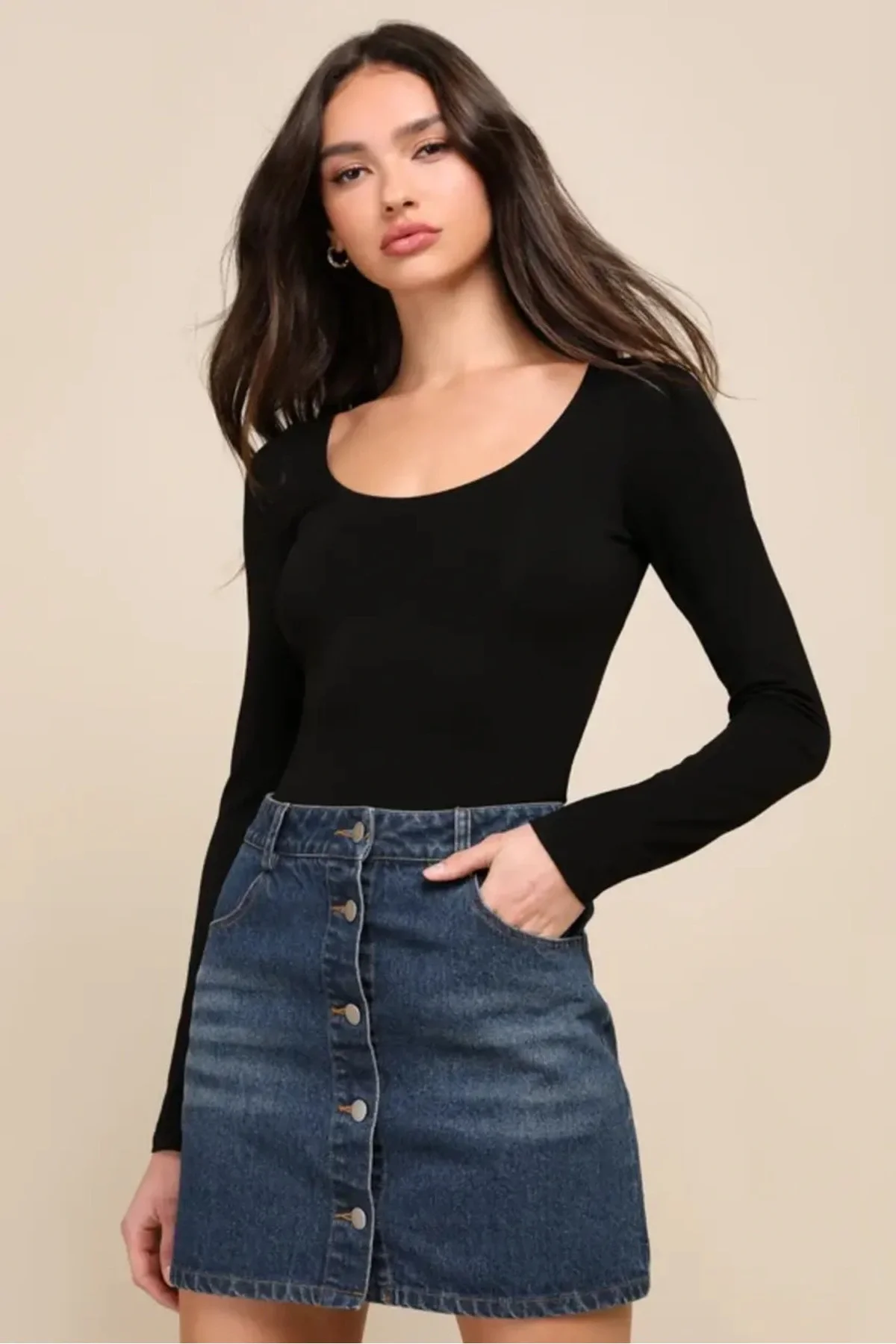Kadın Siyah U Yaka Uzun Kollu Tanga Kesim Sandy Kumaş Bodysuit