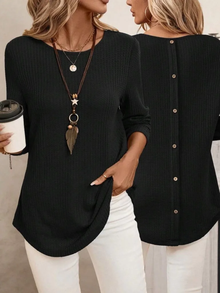 Kadın Siyah Uzun Kollu Sırtı Düğmeli Bisiklet Yaka Waffle Kumaş Bluz Tunik