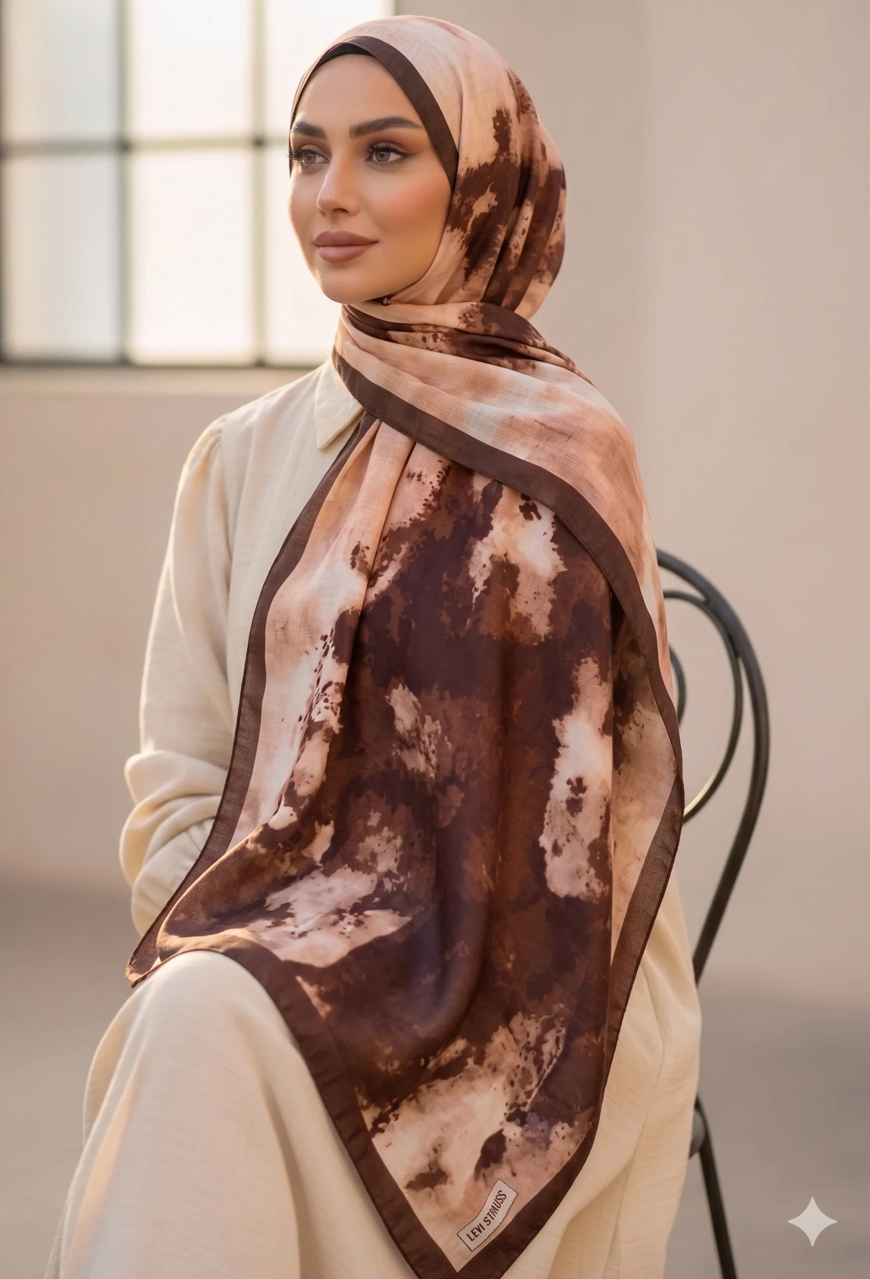 Kahverengi Krem Batik Desenli Pamuk Soft Şal