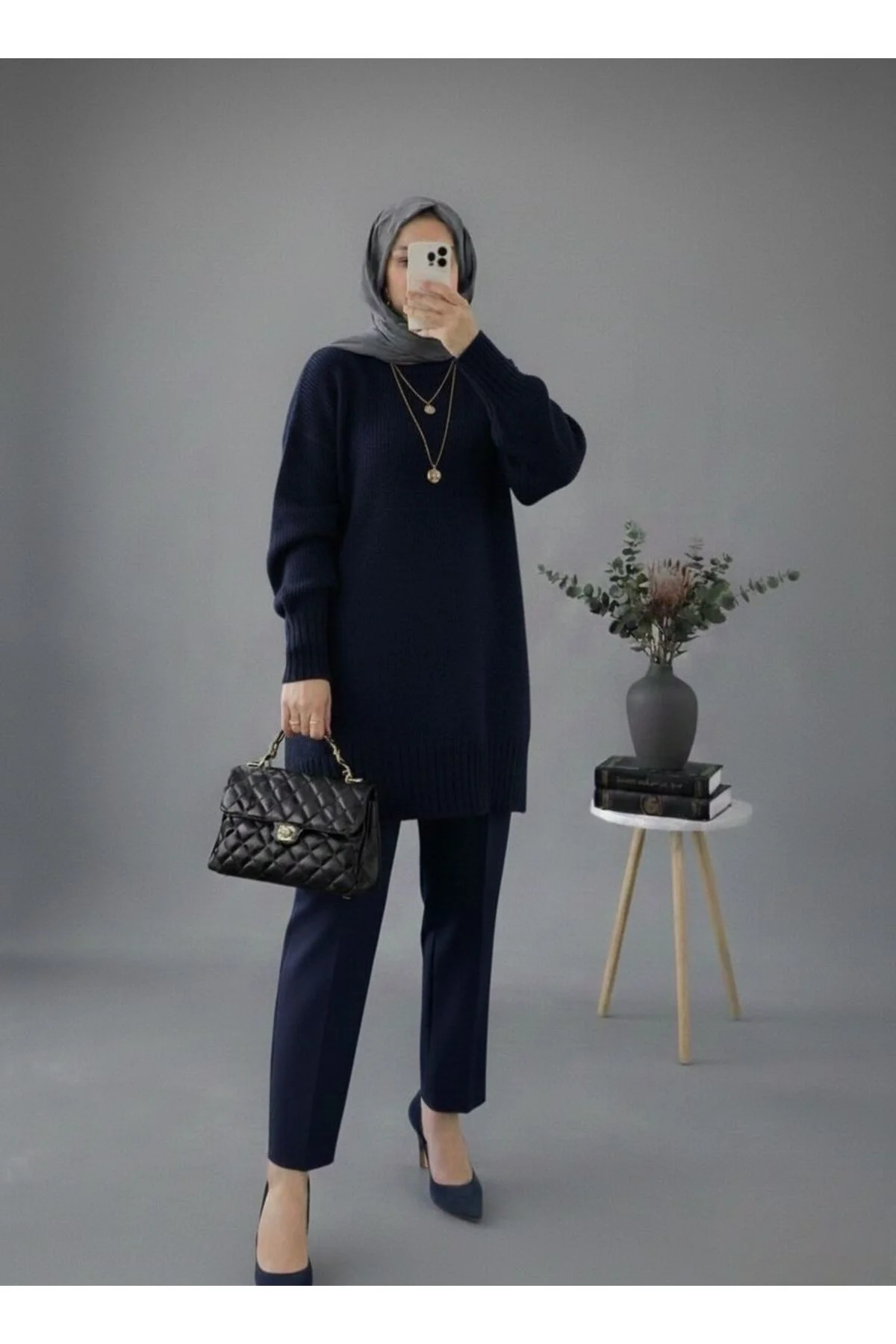 Kadın Lacivert Bisiklet Yaka Oversize Triko Tunik Kazak