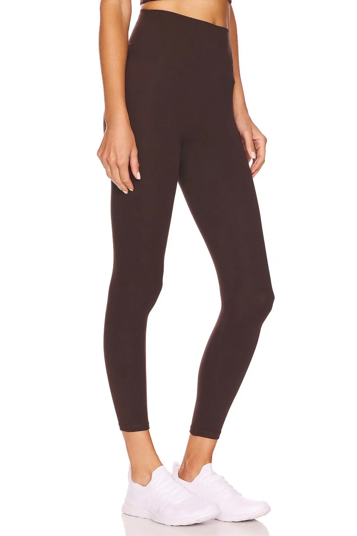 Kadın Kahverengi Yüksek Bel Toparlayıcı Likralı İpek Jarse Kumaş Spor ve Günlük Tayt