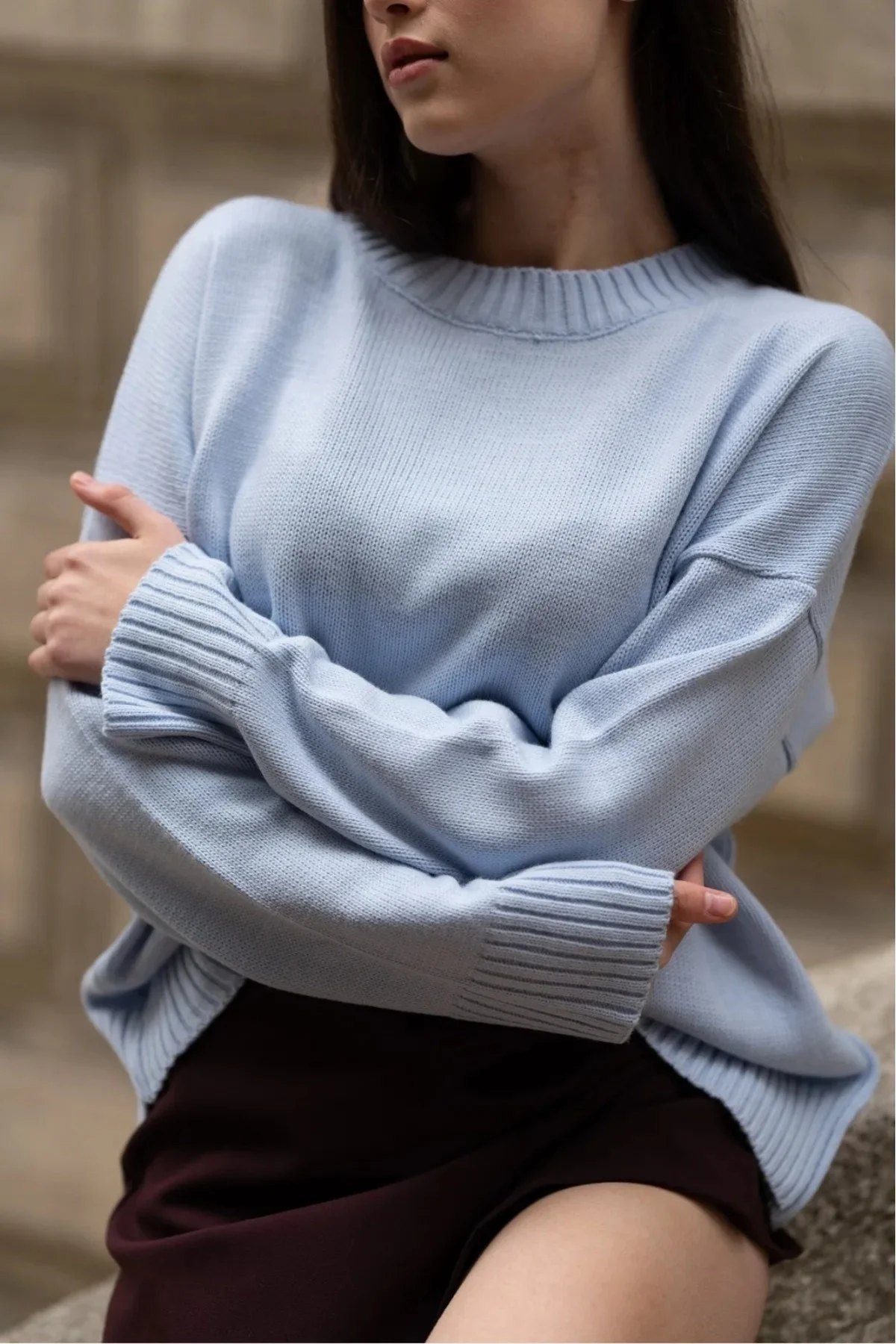 Kadın Mavi Bisiklet Yaka Balon Kol Oversize Triko Kazak