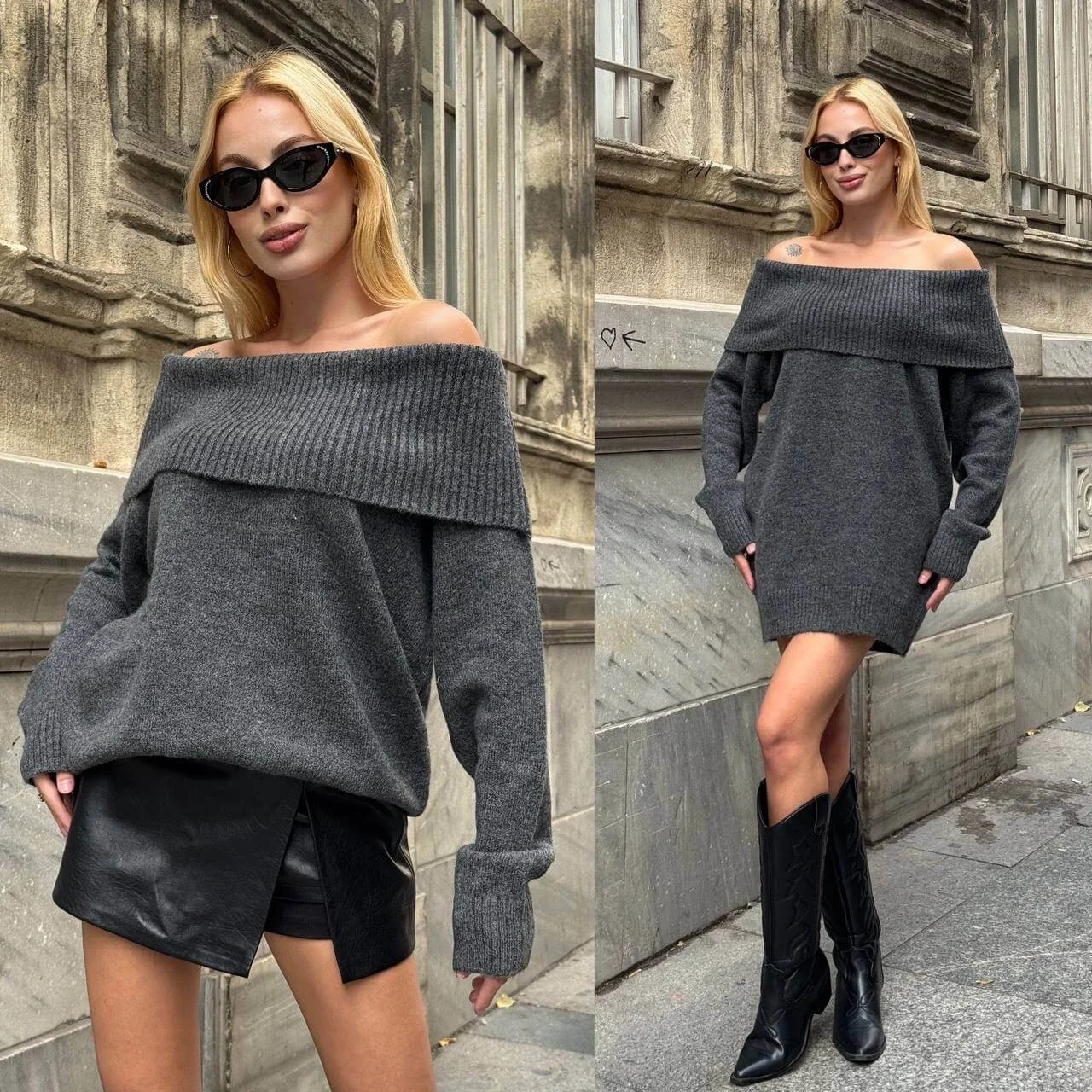 Kadın Antrasit Madonna Yaka Düşük Omuz Oversize Salaş Kalın Triko Kazak Elbise