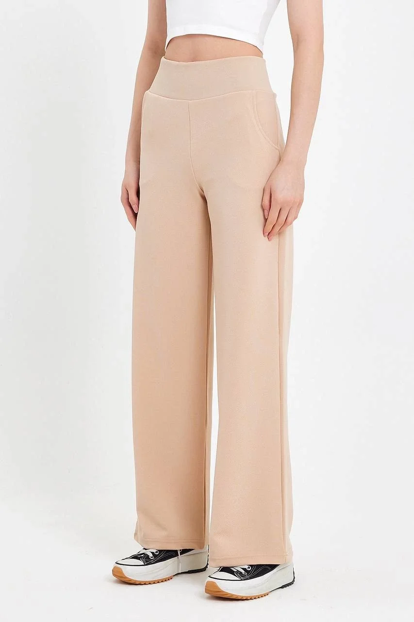 Kadın Bej Korsaj Yüksek Bel Cepli Palazzo Geniş Paça Krep Kumaş Pantolon