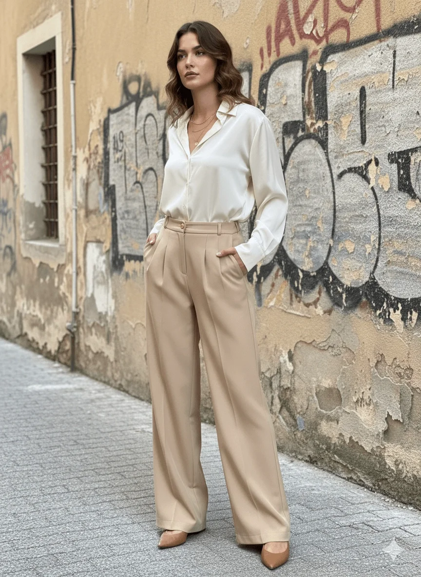 Kadın Bej Yüksek Bel Pensli Palazzo Geniş Paça Dökümlü Dokuma Kumaş Pantolon