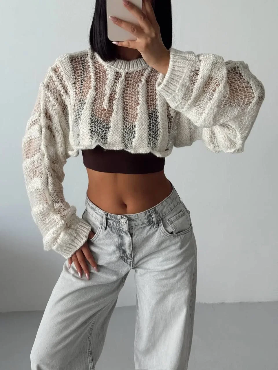 Kadın Ekru Ajurlu Delikli Örgü Balon Kol Uzun Kollu Süper Crop Triko Kazak Bolero Bluz