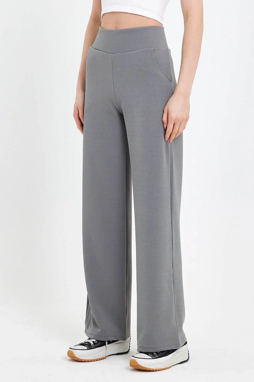 Kadın Gri Korsaj  Yüksek Bel Cepli Palazzo Geniş Paça Krep Kumaş Pantolon