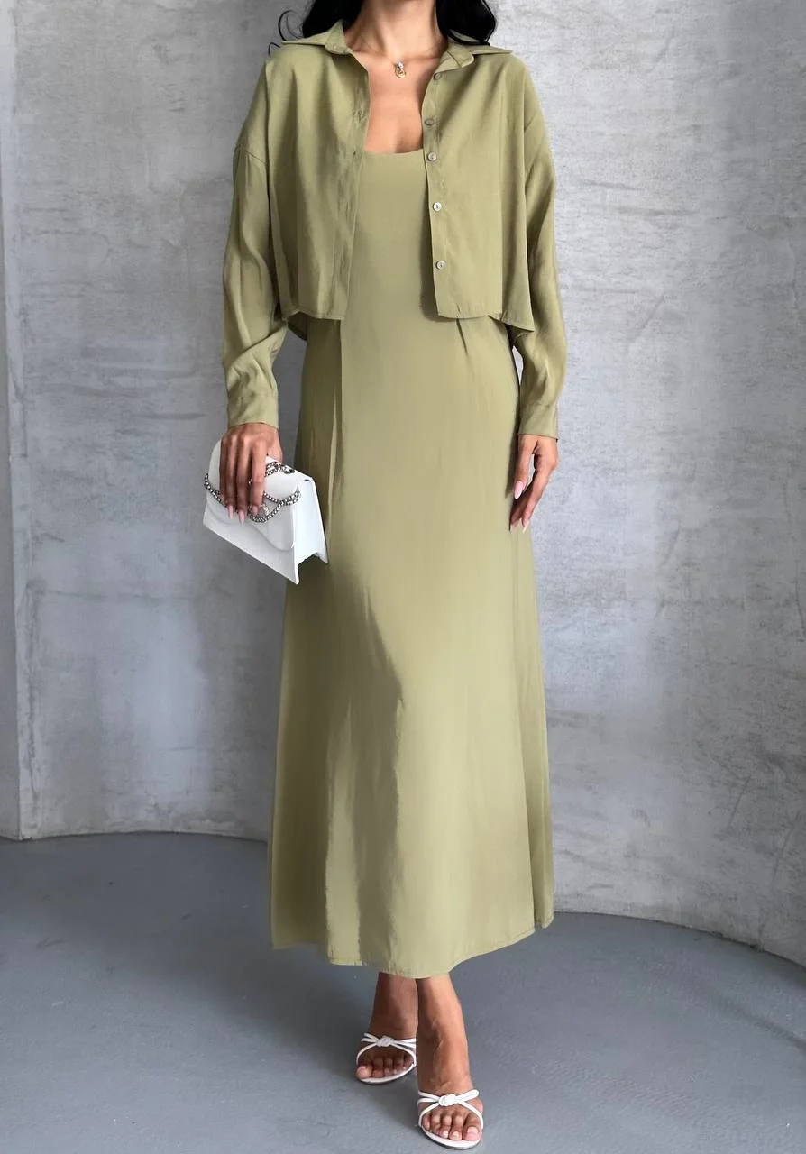 Kadın Haki Dokuma Kumaş Crop Gömlek ve U Yaka Askılı Uzun Elbise İkili Takım