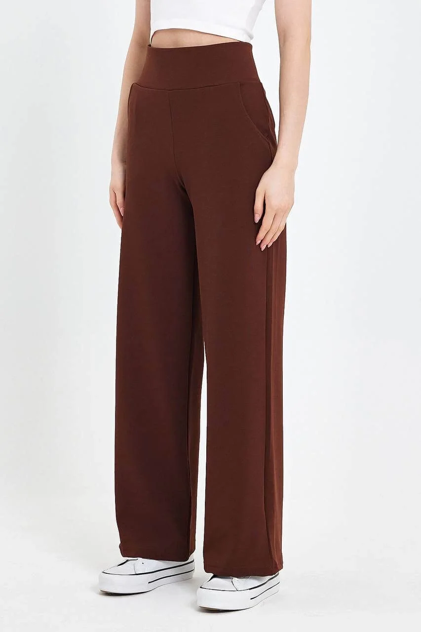 Kadın Kahverengi Korsaj  Yüksek Bel Cepli Palazzo Geniş Paça Krep Kumaş Pantolon
