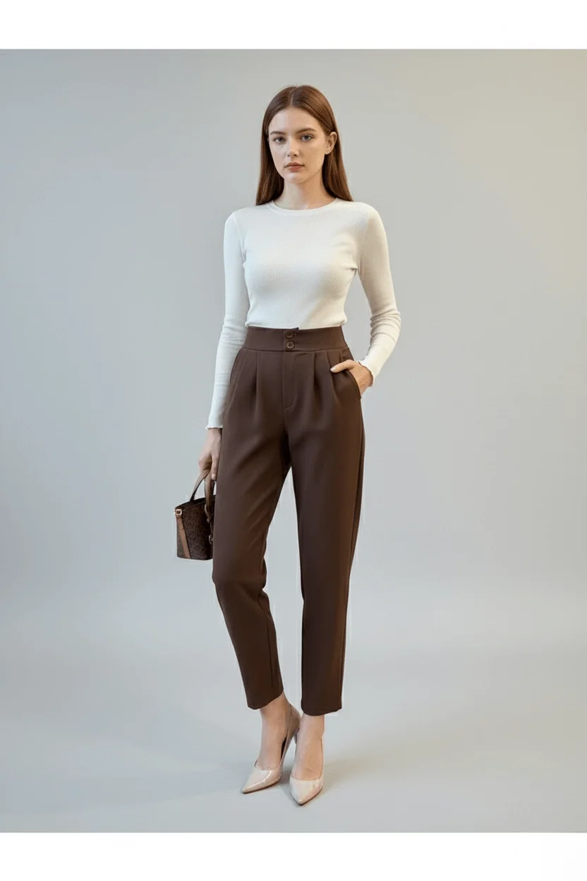 Kadın Kahverengi Yüksek Bel Çift Düğmeli Havuç Kesim Esnek Krep Kumaş Pantolon