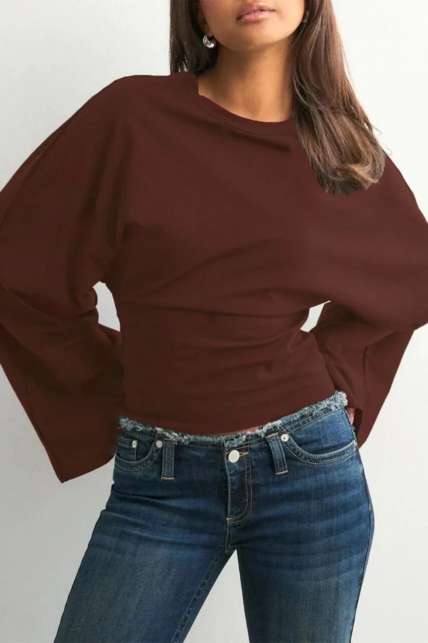 Kadın Kahverengi Yüksek Yaka Dramatik Geniş Kollu Vücudu Saran Dalgıç Kumaş Crop Bluz