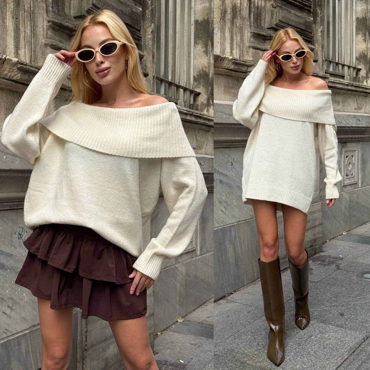 Kadın Krem Madonna Yaka Düşük Omuz Oversize Salaş Kalın Triko Kazak Elbise