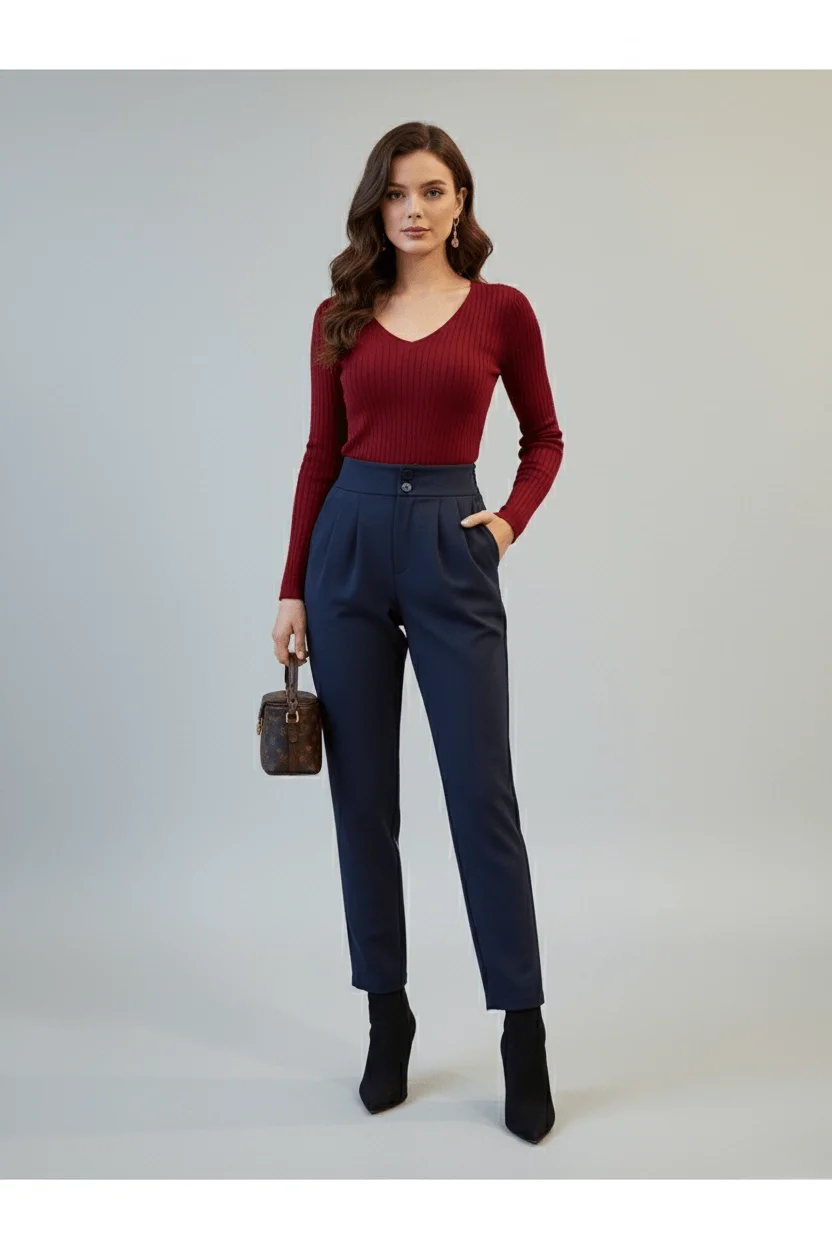 Kadın Lacivert Yüksek Bel Çift Düğmeli Pensli Havuç Kesim Esnek Krep Pantolon
