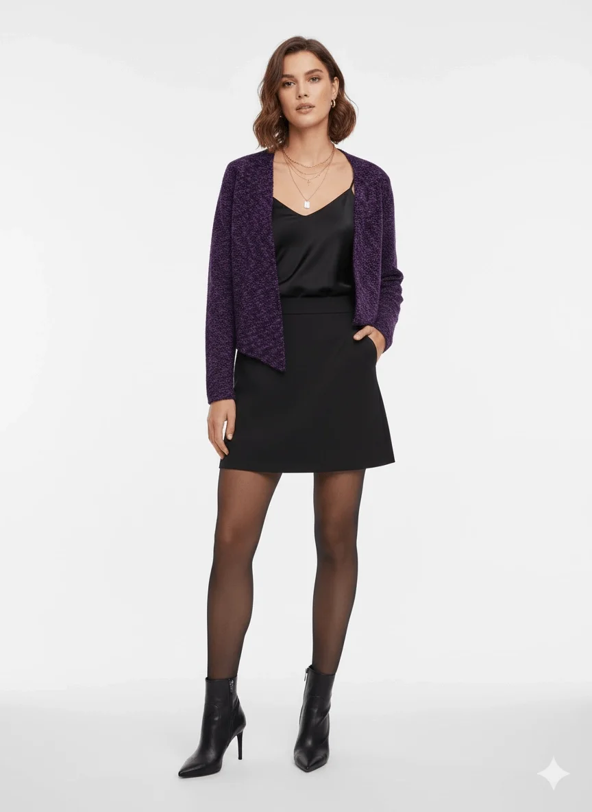 Kadın Mor Siyah Melanj Yakasız Oversize Model Düğmesiz Triko Ceket Hırka