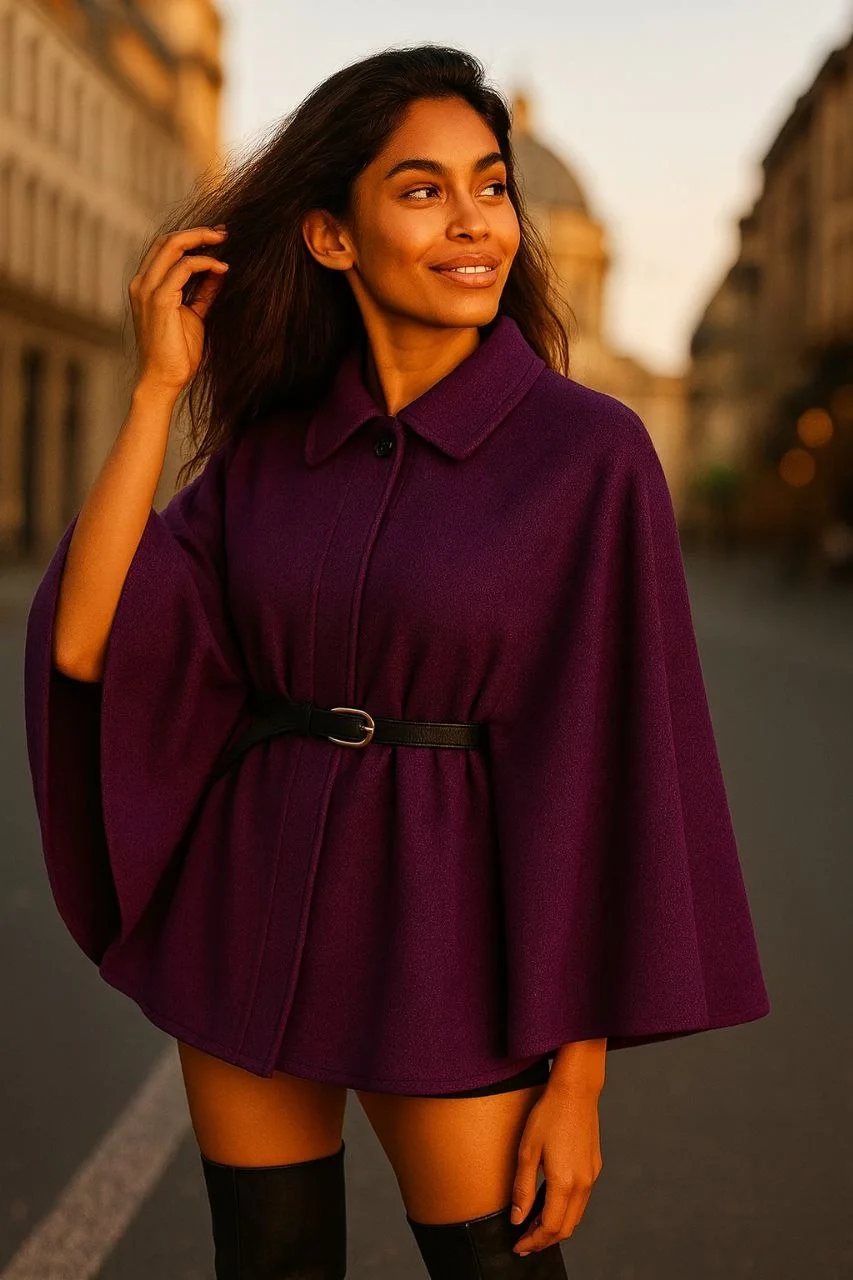 Kadın Mürdüm Gömlek Yaka Kemerli Oversize Düğmeli Kaşe Kumaş Pelerin Panço Ceket Kaban