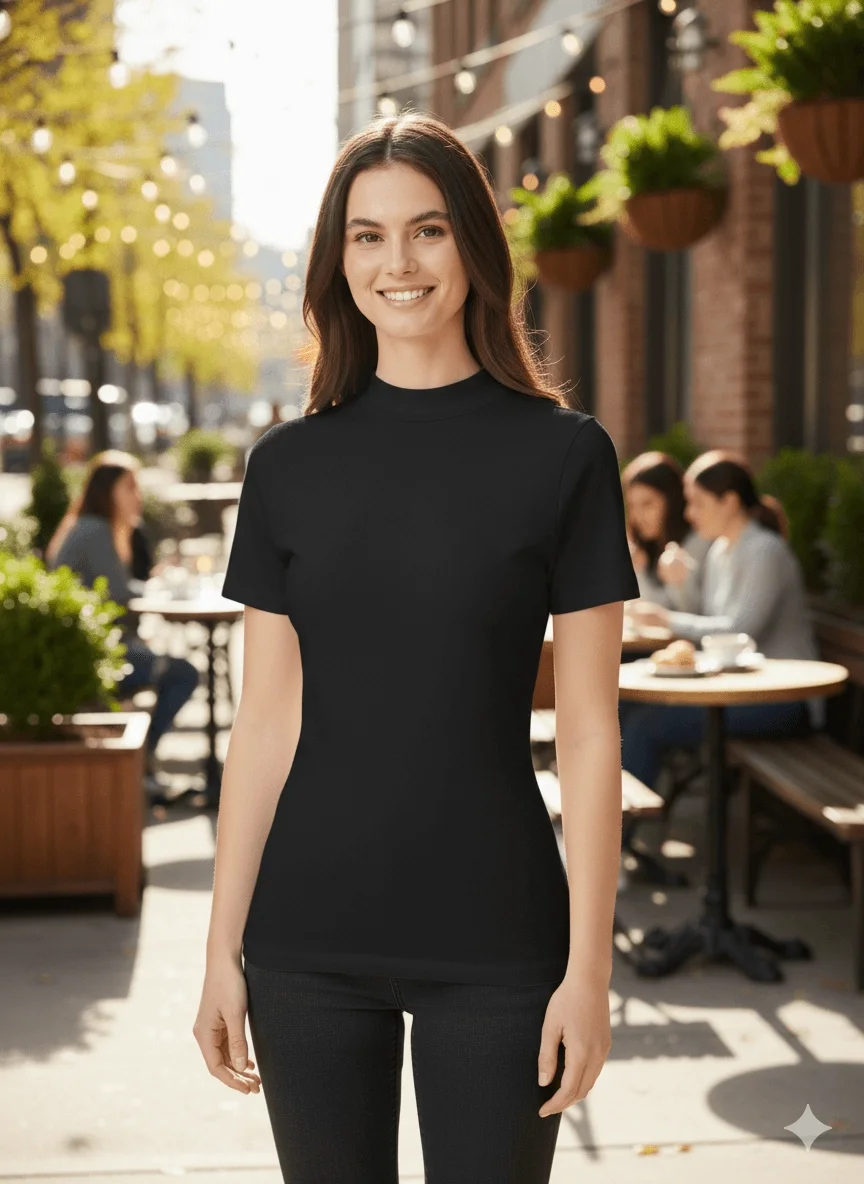 Kadın Siyah Balıkçı Yaka Likralı Pamuklu Vücudu Saran Basic Fit Tişört Bluz