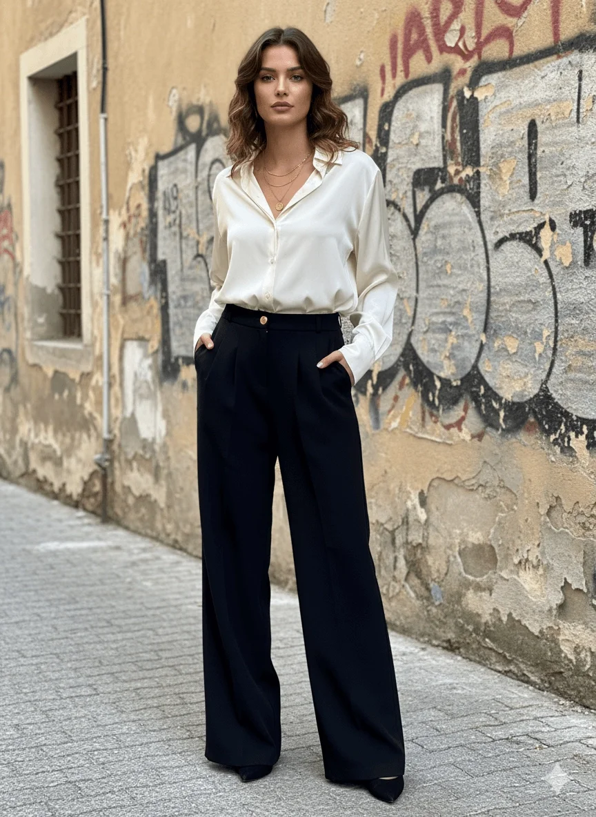 Kadın Siyah Yüksek Bel Pensli Palazzo Geniş Paça Kumaş Pantolon