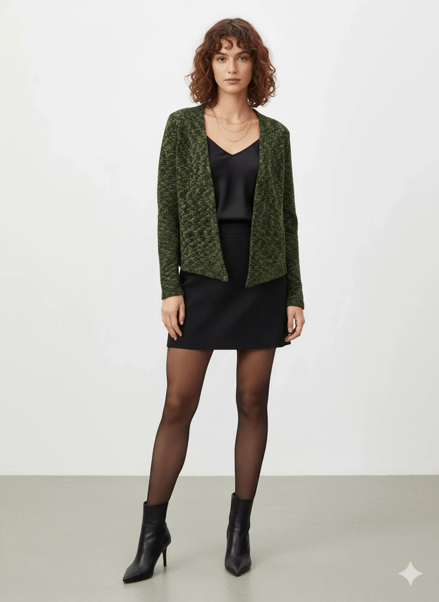 Kadın Yeşil Siyah Melanj Yakasız Regular Fit Düğmesiz Triko Ceket Hırka