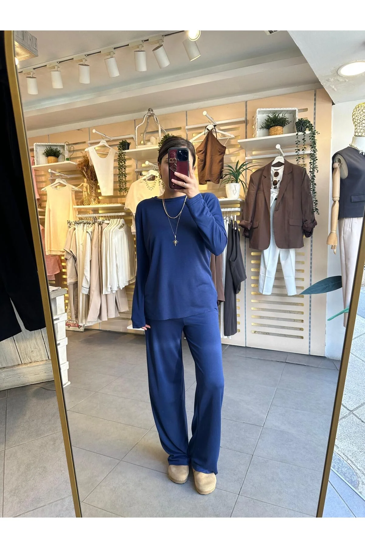 Kadın Lacivert Pike Modal Kumaş Takım Dökümlü Bluz ve Geniş Paça Palazzo Pantolon