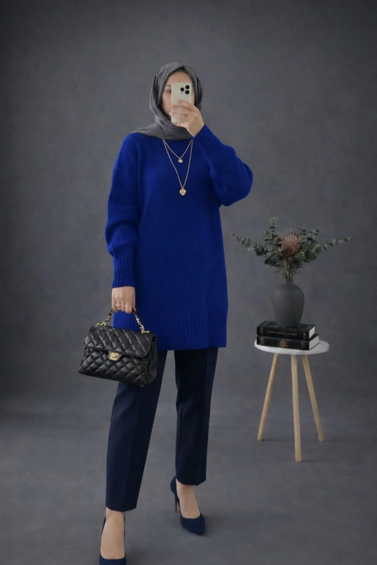 Kadın Mavi Bisiklet Yaka Oversize Triko Tunik Kazak